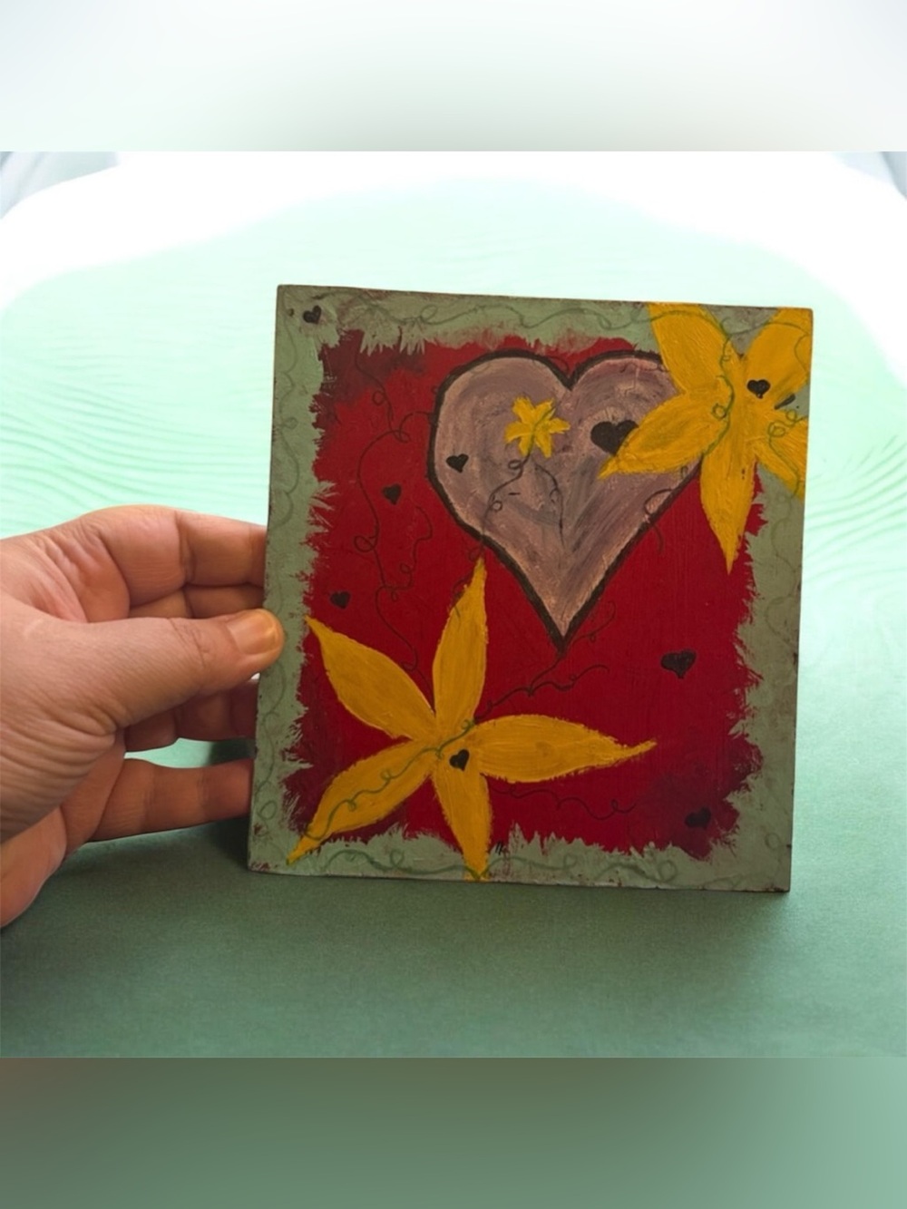 Hand-Painted Heart & Floral Canvas Wall Art in Red and Yellow